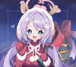  1girl blue_archive blue_eyes blush christmas fake_antlers fang hair_ornament hairclip halo hanae_(blue_archive) hanae_(christmas)_(blue_archive) heart holding holding_sack holly_hair_ornament hood hood_up long_hair looking_at_viewer low_twintails mittens open_mouth pom_pom_(clothes) purple_hair red_mittens red_sweater ribbed_sweater sack skin_fang solo sweater twintails upper_body urakichi55 very_long_hair 