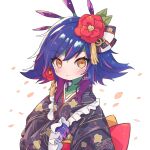  1girl :3 alternate_costume black_kimono blush collarbone colored_skin dokumi flipped_hair floral_print flower frilled_kimono frills green_skin hair_flower hair_ornament highres japanese_clothes kimono league_of_legends long_sleeves looking_at_viewer neeko_(league_of_legends) orange_eyes petals pink_hair print_kimono purple_hair red_flower smile solo white_background 