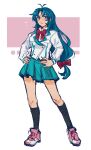  1girl absurdres ahoge black_socks blue_hair bow bowtie brown_eyes chidori_kaname full_body full_metal_panic! hair_bow hands_on_own_hips highres leorlontyan long_hair parted_bangs school_uniform serafuku shoes sidelocks skirt sneakers socks solo 