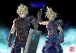  1boy armor baggy_pants belt black_pants black_shirt blonde_hair blue_eyes blue_shirt brown_belt brown_gloves buster_sword closed_mouth cloud_strife dated dual_persona dzoho english_commentary english_text final_fantasy final_fantasy_vii final_fantasy_vii_remake gloves highres holding holding_sword holding_weapon huge_weapon leather leather_gloves male_focus multiple_belts pants ribbed_shirt shirt short_sleeves shoulder_armor single_shoulder_pad speech_bubble spiky_hair studded_gloves suspenders sword weapon 