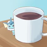  animal_focus black_sclera coffee colored_sclera commentary_request cup drink food_focus highres looking_at_viewer minimized mug neko_gyoza no_humans no_mouth on_table partial_commentary peeking_out pokemon pokemon_(creature) solo table vaporeon white_eyes 
