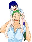  1boy 1girl bandana_around_arm blue_hair carrying child closed_eyes dark_blue_hair earrings female_child green_hair hand_on_another&#039;s_head happy jewelry kuina nin-noro one_piece open_mouth piggyback roronoa_zoro short_hair single_earring smile teeth time_paradox 