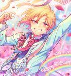  1boy arm_up belt belt_buckle blonde_hair blurry blurry_background buckle buttons chi_yu commentary_request dated ensemble_stars! fingernails flower hand_up happy_birthday lapels long_sleeves looking_at_viewer male_focus nito_nazuna petals pink_eyes rainbow short_hair smile solo teeth upper_body white_belt 