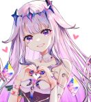  1girl absurdres bracelet chest_jewel detached_collar grey_hair heart heart_hands highres hololive hololive_english jewelry koseki_bijou long_hair sowon strapless violet_eyes virtual_youtuber white_background 