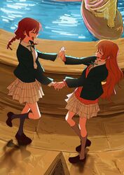  2girls braid brown_hair closed_eyes dancing emma_verde fountain happy highres holding_hands interlocked_fingers kerorira konoe_kanata light_blush long_hair love_live! love_live!_nijigasaki_high_school_idol_club low_twin_braids multiple_girls nijigasaki_academy_school_uniform open_mouth school_uniform sketch smile statue twin_braids water wavy_hair yuri 