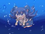  1girl bangle barefoot blue_bow blue_eyes blue_hair blue_skirt blush bow bracelet full_body grey_hoodie hair_between_eyes hair_bow hood hoodie jewelry long_hair open_mouth rokugou_daisuke short_sleeves signature skirt solo touhou underwater yorigami_shion 