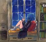  1girl blue_hair book borrowed_clothes cup drink fairy_tail holding holding_cup jacket levy_mcgarden library mug night night_sky non-web_source pillow reference_sheet rusky shooting_star short_hair sky solo solo_focus star_(sky) 