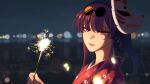  1girl blurry blurry_background eyewear_on_head fireworks floral_print fox_mask goggles highres hinagi_(fox_priest) holding holding_fireworks honkai:_star_rail honkai_(series) japanese_clothes kafka_(honkai:_star_rail) kimono long_hair looking_at_viewer mask mask_on_head night night_sky outdoors pince-nez purple_hair red_kimono sky smile solo sparkler standing upper_body violet_eyes 