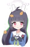  1girl absurdres ahoge animal_ears black_hair blue_archive blue_serafuku blunt_bangs blush bright_pupils closed_mouth fake_animal_ears highres leaf leaf_on_head long_hair looking_at_viewer miyu_(blue_archive) pout rabbit_ears red_eyes sailor_collar school_uniform serafuku simple_background solo tearing_up upper_body walter_(diereinewelt) white_background white_pupils white_sailor_collar 