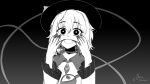  1girl absurdres black_background black_eyes black_headwear blouse bow bright_pupils buttons diamond_button eyeball frilled_shirt_collar frilled_sleeves frills gradient_background greyscale hands_up hat hat_bow highres komeiji_koishi long_sleeves looking_at_viewer medium_hair monochrome open_mouth restra25 shirt smile solo third_eye touhou upper_body wavy_hair white_pupils wide_sleeves yellow_bow 