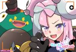  1girl :d animal_hands bellibolt blush bow-shaped_hair character_hair_ornament clothed_pokemon commentary_request fangs gloves green_hair hair_ornament hat iono_(pokemon) jacket multicolored_hair open_mouth paw_gloves pink_hair pokemon pokemon_(creature) pokemon_(game) pokemon_sv satouno_maya shirt smile teeth tongue two-tone_hair upper_teeth_only violet_eyes yellow_eyes yellow_jacket 