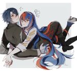  1boy 1girl alcryst_(fire_emblem) alear_(female)_(fire_emblem) alear_(fire_emblem) blue_eyes blue_hair blush closed_mouth crossed_bangs fire_emblem fire_emblem_engage gloves hair_between_eyes hair_ornament hairclip heterochromia high_heels highres long_hair long_sleeves looking_at_another multicolored_hair oratoza red_eyes redhead shoes short_hair tiara white_background white_gloves 