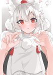  1girl absurdres animal_ears fox_ears fox_girl gradient_background grey_background highres inubashiri_momiji looking_at_viewer open_mouth pom_pom_(clothes) red_eyes red_headwear regua shirt solo touhou white_hair white_shirt 