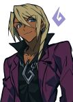  1boy ace_attorney black_shirt blonde_hair blue_eyes chain_necklace closed_mouth collarbone collared_shirt commentary dark-skinned_male dark_skin earrings english_commentary grgrton hair_between_eyes highres jacket jewelry klavier_gavin long_hair long_sleeves looking_at_viewer male_focus necklace purple_jacket shirt simple_background smile solo upper_body white_background 