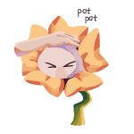  &gt;_&lt; alicezakat commentary disembodied_limb english_commentary english_text flower flowey_(undertale) full_body hand_on_another&#039;s_head headpat highres open_mouth simple_background solo_focus sunflower undertale wavy_mouth white_background yellow_flower 