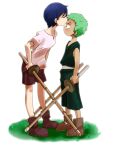  1boy 1girl age_difference aged_down binu blue_hair blush bokken child closed_eyes closed_mouth dark_blue_hair from_side full_body grass green_hair holding holding_sword holding_weapon katana kiss kissing_forehead kuina multiple_weapons one_piece pink_shirt purple_shorts roronoa_zoro shirt short_hair shorts simple_background standing sword t-shirt weapon white_background wooden_sword 