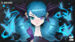  1girl black_background black_bow blush bow bug butterfly collarbone drill_hair earrings english_text finger_heart gloves green_eyes green_hair gwen_(league_of_legends) hair_bow hand_up heart highres jewelry league_of_legends purple_gloves rayn87250715 smile solo symbol_in_eye twin_drills twintails 