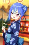  1girl alternate_costume blue_flower blue_hair blue_kimono blue_sash blurry blurry_background blush breasts chocolate_banana commentary_request dutch_angle floral_print flower green_hair hair_between_eyes hair_bun hair_flower hair_ornament hair_stick highres indoors japanese_clothes kimono long_bangs long_sleeves looking_at_viewer market_stall mole mole_under_eye multicolored_hair nanashi_inc. obi open_mouth pink_eyes print_kimono sash short_hair sidelocks single_hair_bun small_breasts smile solo stuffed_animal stuffed_toy suzumi_nemo teddy_bear two-tone_hair upper_body virtual_youtuber yamapiyo 