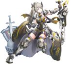  1girl alternate_costume armor armored_dress armored_legwear chainsword full_body grey_eyes grey_hair headgear highres hiroaki_a holding holding_sword holding_weapon knight long_hair mecha_musume mechanical_arms mechanical_legs nanami:_storm_(punishing:_gray_raven) nanami_(punishing:_gray_raven) ponytail punishing:_gray_raven shield shoulder_armor sidelocks solo sword weapon white_background 