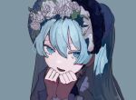  1girl alternate_costume aqua_hair blue_eyes blue_headwear bonnet clenched_hands commentary double-parted_bangs flower grey_background hair_between_eyes hand_to_own_face hands_up hat hatsune_miku head_wreath highres long_hair looking_at_viewer lower_teeth_only miku_day open_mouth own_hands_together signature simple_background smile solo teeth twintails uki_bukuro upper_body very_long_hair vocaloid white_flower 