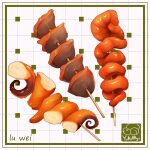  artist_logo artist_name border commentary english_commentary fish_(food) food food_focus food_name green_border grid_background meat octopus original signature skewer still_life white_background yuki00yo 