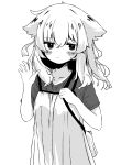  1girl absurdres animal_ears aoi_tori blush_stickers breasts closed_mouth dress greyscale hair_between_eyes hands_up highres long_hair monochrome original shirt short_sleeves simple_background sleeveless sleeveless_dress small_breasts solo white_background 