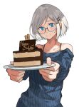  1girl absurdres birthday_cake blue_eyes cake closed_mouth food glasses grey_hair happy_birthday highres holding holding_plate looking_at_viewer multiple_hairpins original palzden plate ribbed_sweater short_hair simple_background smile solo spaghetti_strap split_mouth sweater upper_body white_background 