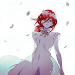  1other arms_at_sides cinnabar_(houseki_no_kuni) cowboy_shot dress falling_flower falling_petals flower flower_wreath hair_between_eyes hair_flower hair_ornament head_wreath houseki_no_kuni long_hair looking_at_viewer nikomi_(nikomix) official_alternate_costume other_focus parted_lips petals ponytail red_eyes redhead simple_background sparkle white_background white_dress white_flower wind 