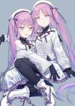  2girls absurdres bag beret black_gloves black_pantyhose blush boots cabbie_hat dress euryale_(fate) fate/grand_order fate_(series) gloves hat highres multiple_girls pantyhose purple_eyes purple_hair smile stheno_(fate) sweat twins twintails uniho white_dress 