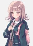  1girl absurdres backpack bag black_shirt blush brown_skirt clenched_hand collared_shirt cowboy_shot danganronpa_(series) danganronpa_2:_goodbye_despair dress_shirt flipped_hair galaga green_jacket hair_ornament hand_up highres hood jacket long_sleeves looking_at_viewer medium_hair nanami_chiaki neck_ribbon open_clothes open_jacket pink_bag pink_eyes pink_ribbon pleated_skirt ribbon sangria shirt shirt_tucked_in skirt smile solo white_shirt 