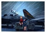  2girls absurdres ahoge aircraft airplane black_footwear black_socks blonde_hair blue_eyes blue_hair blue_shirt blue_skirt border camera fighter_jet green_vest headset highres jet military_vehicle motor_vehicle multiple_girls original pleated_skirt red_shirt red_skirt red_vest shirt sitting skirt socks timmyyen vehicle_focus vest white_border wide_shot 