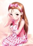  1girl bare_arms barefoot bow brown_eyes brown_hair collarbone flat_chest food_print forehead frilled_shirt frills from_above hairband hand_up holding holding_stuffed_toy idolmaster idolmaster_(classic) long_hair looking_at_viewer minase_iori parted_lips pink_bow pink_hairband pink_shirt rabbit shiny_skin shirt simple_background sitting skirt sleeveless sleeveless_shirt solo straight_hair strawberry_print stuffed_animal stuffed_toy upturned_eyes very_long_hair wariza white_background white_skirt zen_(kamuro) 