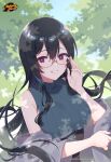  1girl absurdres adjusting_eyewear black_hair breasts commentary copyright_name english_commentary highres kusumoto_shizuru large_breasts logo long_hair looking_at_viewer mahjong_soul official_art official_wallpaper onodera_nanaha outdoors smile solo sweater violet_eyes 