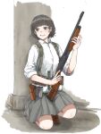  1girl 787nanahachi black_hair brown_eyes grey_skirt gun highres kneeling nervous original pump_action remington_870 shirt short_hair shotgun shotgun_shell sketch skirt solo weapon white_background white_shirt 