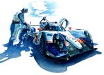  1boy butterfly_doors car clouds headwear_removed helmet helmet_removed le_mans_prototype m.m_(chosuke320) male_focus motor_vehicle painting_(medium) race_vehicle racecar racing_suit real_life shadow sky toyota toyota_ts040 traditional_media vehicle_focus watercolor_(medium) world_endurance_championship 