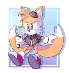  1boy angiethecat blue_eyes capelet detective fedora fox_boy frown furry furry_male gloves hat highres holding holding_magnifying_glass magnifying_glass mini_hat multiple_tails orange_fur red_footwear sonic_(series) tail tails_(sonic) the_murder_of_sonic_the_hedgehog two-tone_fur two_tails white_fur 