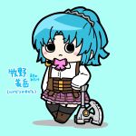 1girl :&lt; aqua_background arm_at_side arm_rest assault_lily axe battle_axe belt belt_buckle black_thighhighs blue_hair blush boots bow bowtie brown_belt brown_footwear buckle character_name chibi closed_mouth collared_shirt commentary corset crescent crescent_earrings earrings frilled_skirt frills garter_straps hair_ornament high_ponytail highres jewelry konpeitoull_(c12h22o11_tr_6) long_sleeves looking_at_viewer ludvico_private_girls&#039;_academy_school_uniform makino_mitake medium_hair miniskirt multiple_belts pink_bow pink_bowtie pink_skirt ponytail school_uniform shirt simple_background single_earring skirt solid_circle_pupils solo standing thigh-highs underbust v-shaped_eyebrows weapon white_shirt zettai_ryouiki 