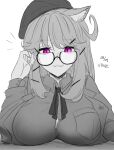  1girl animal_ears arknights beret blush breasts character_name dated dokonjou_(odossan) glasses hat highres jacket large_breasts long_hair long_sleeves looking_at_viewer official_alternate_costume slit_pupils smile solo spot_color utage_(arknights) violet_eyes white_background 