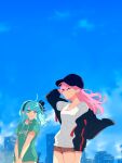  2girls aikawa_megumi arm_at_side baseball_cap black_bow black_hairband black_headwear black_jacket blue_hair blue_sky bow bracelet breasts brown_shorts clear_sky clouds collarbone cowboy_shot day drawstring floating_hair green_eyes green_hoodie hair_between_eyes hair_bow hairband hand_in_own_hair hat heaven_burns_red highres hood hood_down hoodie jacket jewelry legs_together long_bangs long_hair looking_ahead looking_at_another medium_breasts multiple_girls off_shoulder one_eye_closed open_clothes open_jacket outdoors own_hands_together pink_hair print_hoodie rumi_(heaven_burns_red) shirt short_shorts shorts sidelocks sky striped striped_jacket thighs watameki_(pixiv_33969409) white_shirt 