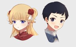  1boy 1girl black_hair blonde_hair blue_eyes blunt_bangs blush closed_mouth flower frills frown grey_background hair_flower hair_ornament humanization john_(shadows_house) kate_(shadows_house) long_hair looking_at_viewer open_mouth portrait red_flower red_rose rose sawadariku75 shadows_house short_hair simple_background two_side_up violet_eyes 