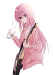  1girl absurdres blue_eyes bocchi_the_rock! bottle electric_guitar gotoh_hitori guitar hair_between_eyes highres holding holding_bottle holding_instrument instrument jacket long_hair one_side_up parted_lips pink_hair pink_jacket shigure_(sigre) signature simple_background solo track_jacket upper_body white_background 
