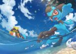  absurdres alternate_color blue_sky caustics closed_eyes clouds day highres innertube kicking looking_at_viewer nullma open_mouth outdoors pokemon pokemon_(creature) protected_link riolu sand shiny_pokemon sky splashing water wishiwashi 