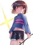  1girl bandaged_chest bandaged_leg bandages belly black_shorts blue_sweater brown_hair closed_eyes frisk_(undertale) holding holding_stick long_sleeves navel open_mouth short_shorts shorts simple_background standing stick striped striped_sweater sweater undertale white_background xox_xxxxxx 