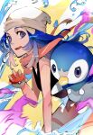  1girl absurdres beanie black_shirt blue_hair commentary_request grey_eyes hat highres hikari_(pokemon) holding holding_poke_ball long_hair looking_at_viewer ogura_aoi open_mouth orange_scarf piplup poke_ball pokemon pokemon_(game) pokemon_bdsp pokemon_dppt scarf shirt sleeveless sleeveless_shirt smile solo teeth tongue upper_teeth_only white_headwear 