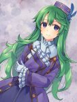 1girl chihiro_(chihiro3399) double-parted_bangs dress eiyuu_densetsu feather_hair_ornament feathers gloves green_hair hair_ornament hat highres long_hair looking_at_viewer musse_egret sen_no_kiseki sen_no_kiseki_iv solo violet_eyes white_gloves 