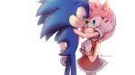  1boy 1girl amy_rose animal_ears animal_nose arm_up artist_name back bare_shoulders blue_fur bracelet closed_mouth commentary_request covered_mouth dress eyelashes flower furry furry_female furry_male gloves gold_bracelet green_eyes hand_on_own_hip hands_up hedgehog hedgehog_ears hedgehog_girl hedgehog_tail highres holding holding_flower jewelry looking_at_another nozomiaisha pink_flower pink_fur red_dress simple_background sleeveless sleeveless_dress smile sonic_(series) sonic_the_hedgehog tail turtleneck turtleneck_dress white_background white_gloves 