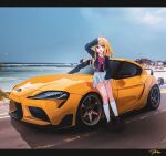  1girl beach blue_jacket bow brown_footwear car clouds collared_shirt commission grey_skirt highres hoshino_ruby jacket letterboxed motor_vehicle nougat_(73r1r1) ocean on_vehicle oshi_no_ko red_bow road shirt signature sitting skirt sky smile socks solo spoiler_(automobile) toyota toyota_supra toyota_supra_mk_v v vehicle_focus violet_eyes white_shirt white_socks 