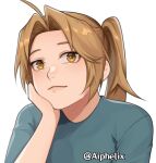  1boy aiphelix blonde_hair edward_elric fullmetal_alchemist grey_shirt long_hair looking_at_viewer male_focus ponytail shirt simple_background smile upper_body white_background yellow_eyes 