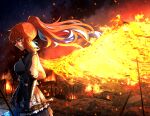  1girl absurdres buckle ddolbang fire highres holding holding_sword holding_weapon hololive hololive_english long_hair multicolored_hair orange_hair outdoors solo sword takanashi_kiara violet_eyes weapon 