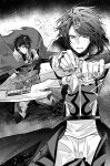  2boys alcryst_(fire_emblem) arrow_(projectile) bow_(weapon) brothers cape diamant_(fire_emblem) fire_emblem fire_emblem_engage greyscale hair_ornament hairclip highres holding holding_bow_(weapon) holding_weapon illust_mi long_sleeves looking_at_viewer monochrome multiple_boys short_hair siblings standing weapon 